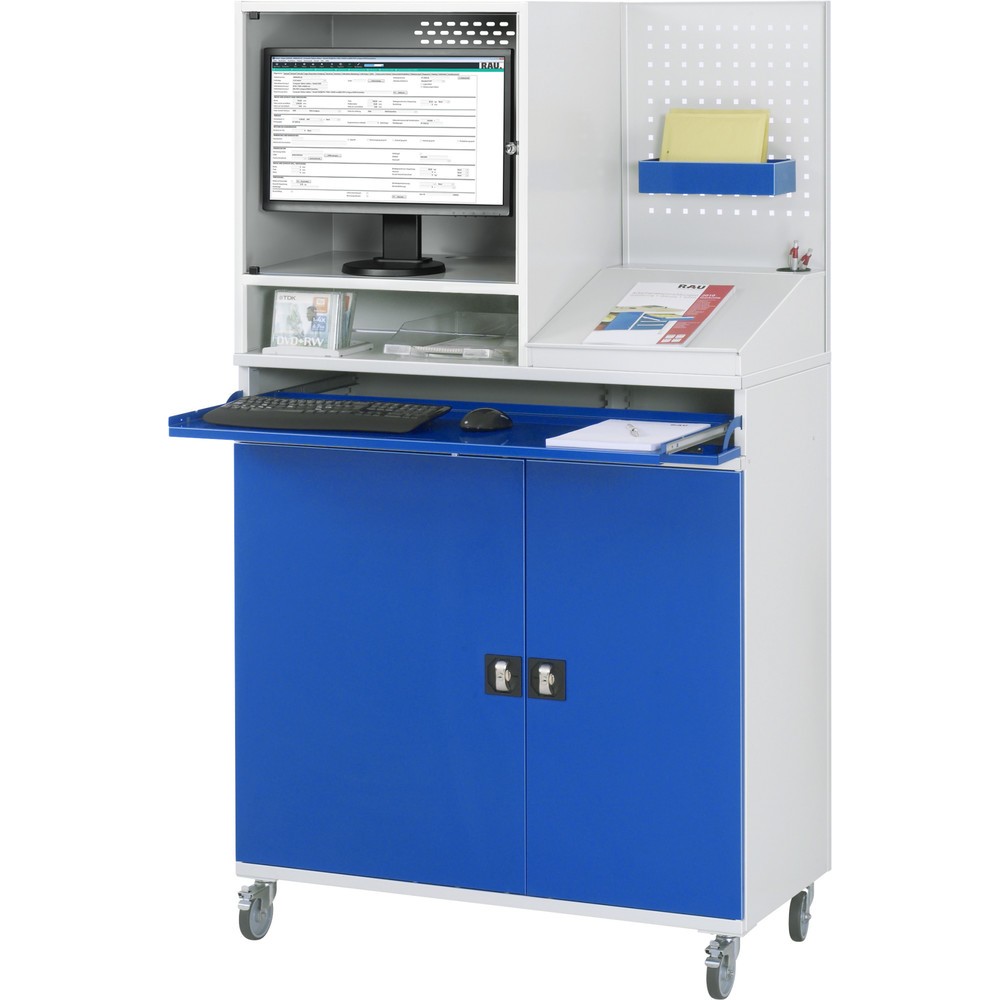 Productafbeelding nr. 3: Computerkast RAU, monitorbehuizing, uitschuifblad voor het toetsenbord, geperforeerde achterwand, dubbele draaideur, mobiel