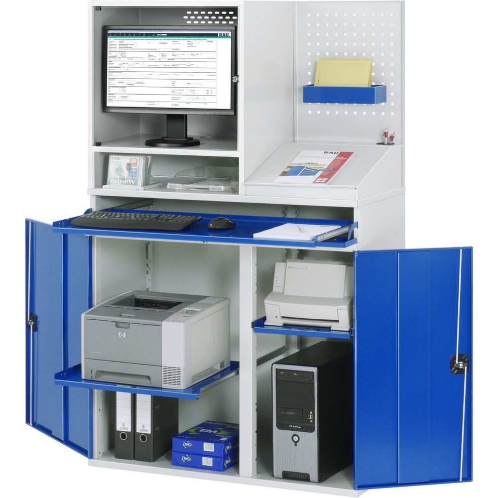 Product afbeelding: Computerkast RAU, monitorbehuizing, uitschuifblad voor het toetsenbord, geperforeerde achterwand, dubbele draaideur, stationair