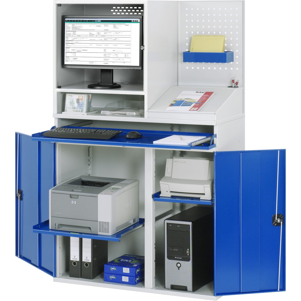 Computerkast RAU, monitorbehuizing, uitschuifblad voor het toetsenbord, geperforeerde achterwand, dubbele draaideur, stationair Product afbeelding: Computerkast RAU, monitorbehuizing, uitschuifblad voor het toetsenbord, geperforeerde achterwand, dubbele draaideur, stationair