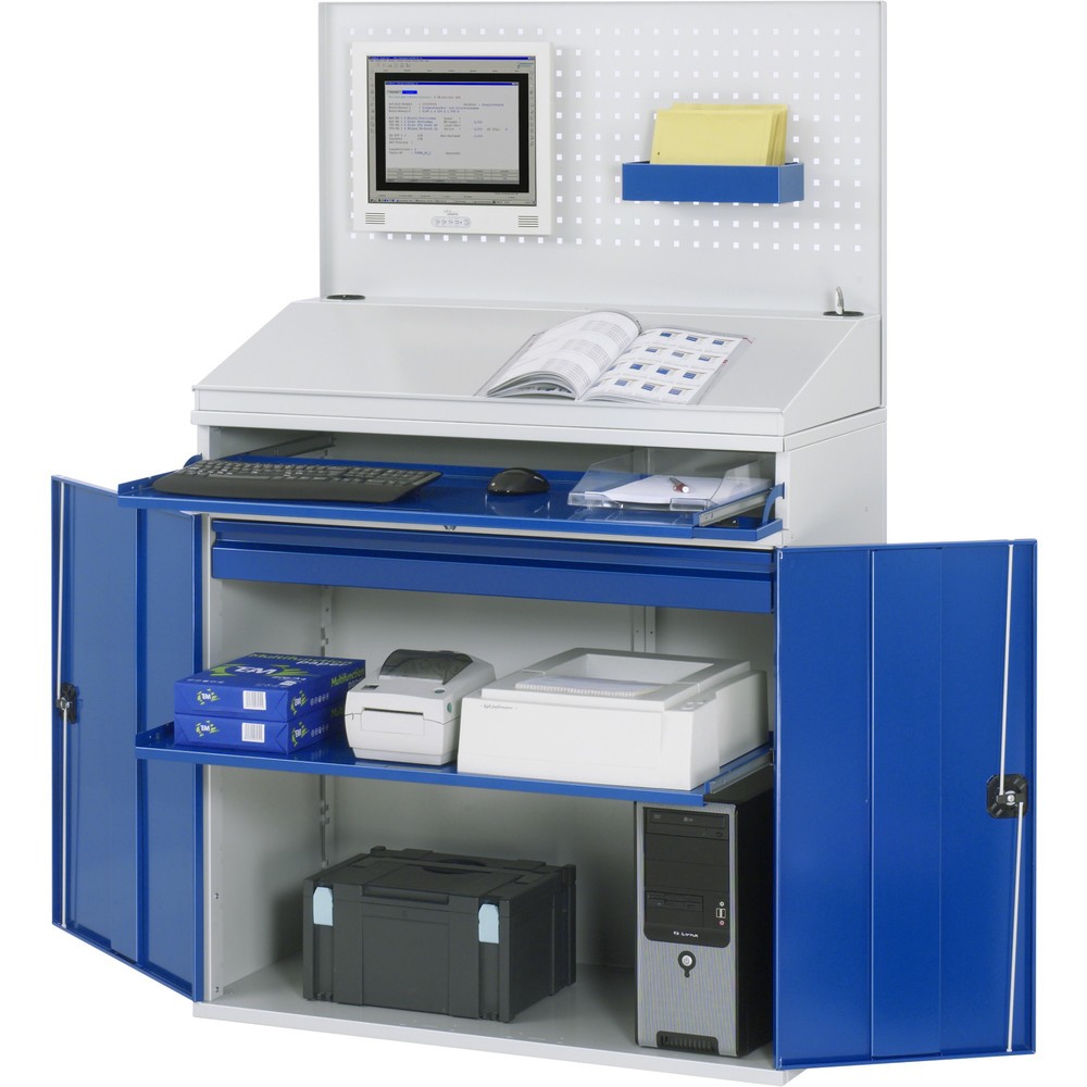 Product afbeelding: Computerkast RAU, uitschuifblad voor het toetsenbord, dubbele draaideur, geperforeerde achterwand, aantal lades x h x b: 1 x 80 x 1.020 mm, stationair