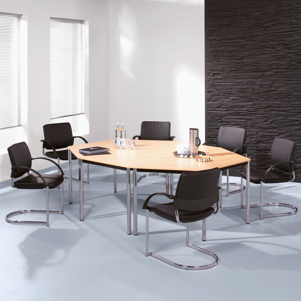 Product afbeelding: Conferentietafel Premium, trapezium, ronde buis, bxd 1.600 x 690 mm, lichtgrijs/verchroomd