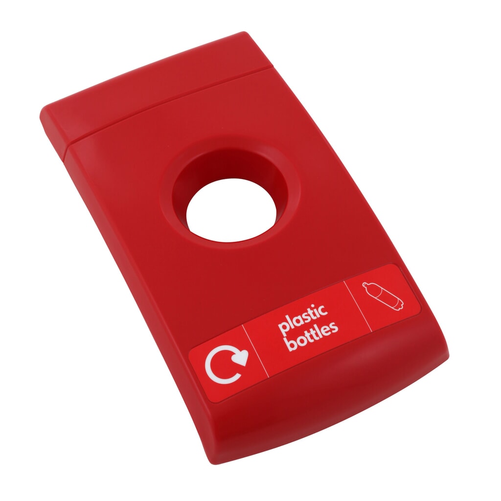 Deksel voor afvalbak ENVIROBIN Midi / Mini, rood, met opschrift "plastic bottles" Product afbeelding: Deksel voor afvalbak ENVIROBIN Midi / Mini, rood, met opschrift "plastic bottles"