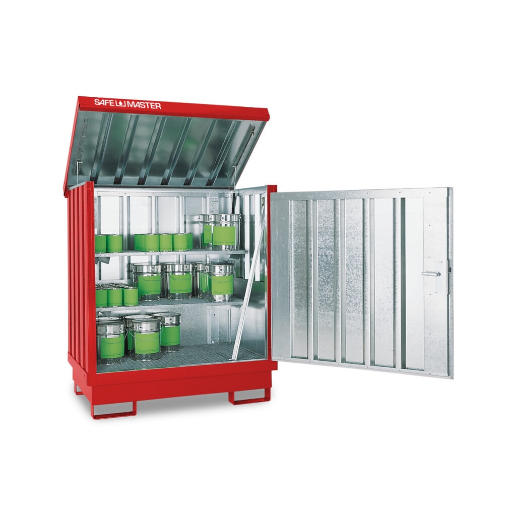 Depot voor gevaarlijke stoffen, verzinkt en gelakt, 2 x 200 liter, h x b x d 1.685 x 1.420 x 1.080 mm, vuurrood Product afbeelding: Depot voor gevaarlijke stoffen, verzinkt en gelakt, 2 x 200 liter, h x b x d 1.685 x 1.420 x 1.080 mm, vuurrood