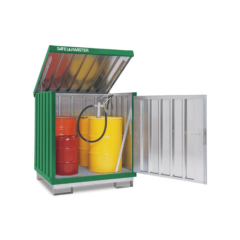Product afbeelding: Depot voor gevaarlijke stoffen, verzinkt en gelakt, 4 x 200 liter, h x b x d 1.610 x 1.420 x 1.490 mm, grasgroen