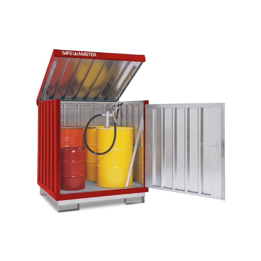 Product afbeelding: Depot voor gevaarlijke stoffen, verzinkt en gelakt, 4 x 200 liter, h x b x d 1.610 x 1.420 x 1.490 mm, vuurrood