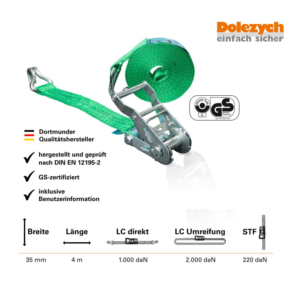 Productafbeelding nr. 4: Dolezych sjorband DoZurR 2000, met drukratel en profielhaak, lengte 4 m