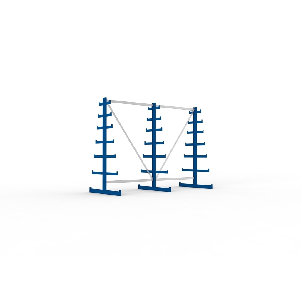 Complete draagarmstelling META, dubbelzijdig, draagvermogen per arm 150 kg, hxbxd 2.000 x 2.755 x 1.090 mm, 3 staanders Product afbeelding: Complete draagarmstelling META, dubbelzijdig, draagvermogen per arm 150 kg, hxbxd 2.000 x 2.755 x 1.090 mm, 3 staanders
