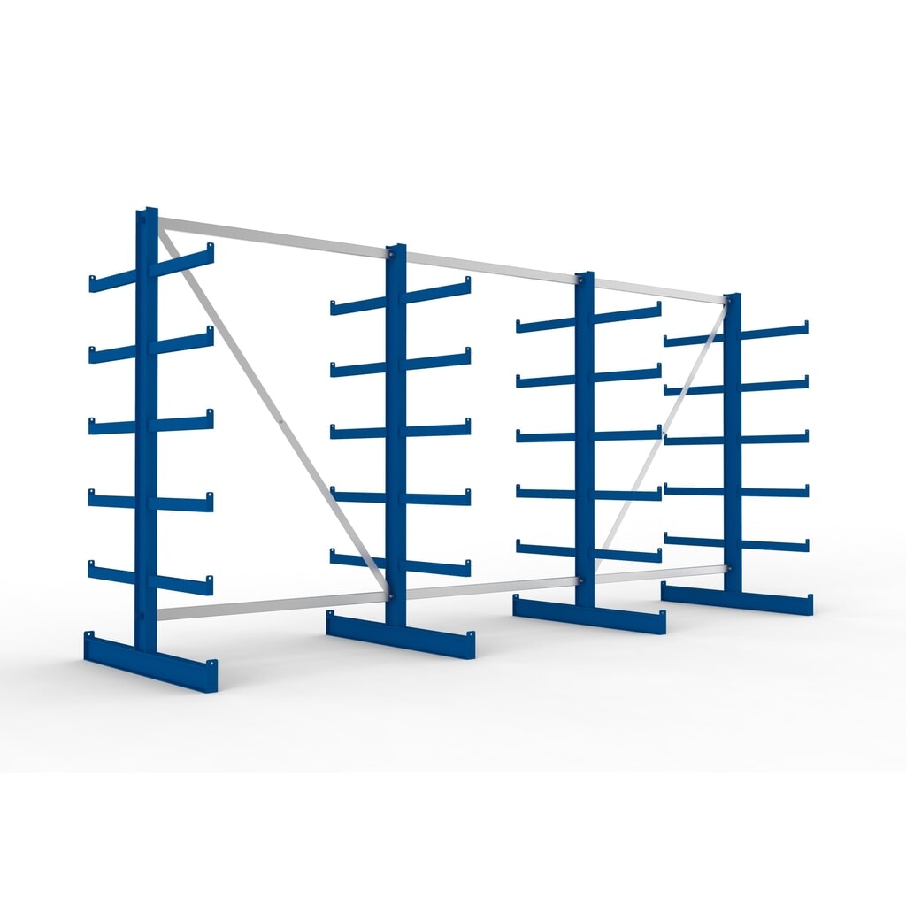 Complete draagarmstelling META, dubbelzijdig, draagvermogen per arm 200 kg, hxbxd 2.000 x 4.105 x 1.150 mm, 4 staanders Product afbeelding: Complete draagarmstelling META, dubbelzijdig, draagvermogen per arm 200 kg, hxbxd 2.000 x 4.105 x 1.150 mm, 4 staanders