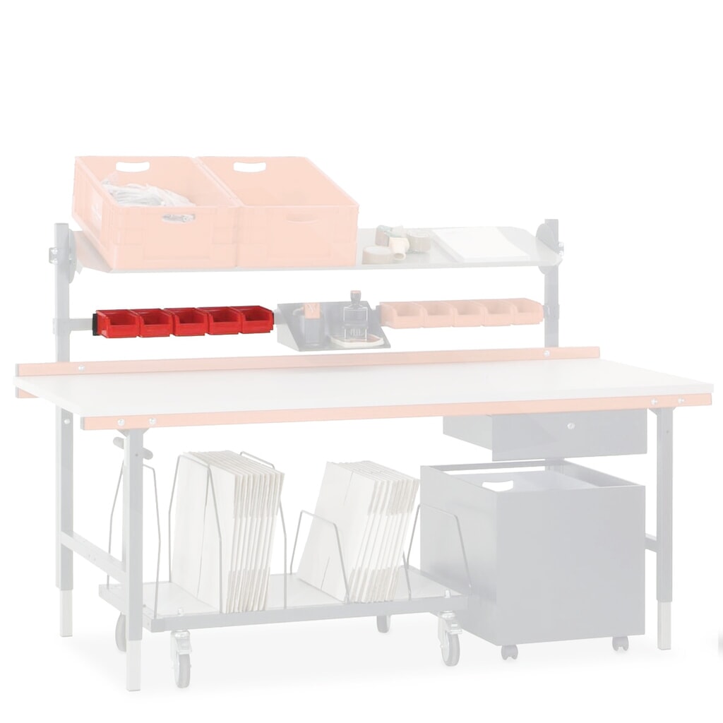 Draagrail met magazijnbakken, voor paktafelsysteem Rocholz, incl. 5 bakken Product afbeelding: Draagrail met magazijnbakken, voor paktafelsysteem Rocholz, incl. 5 bakken