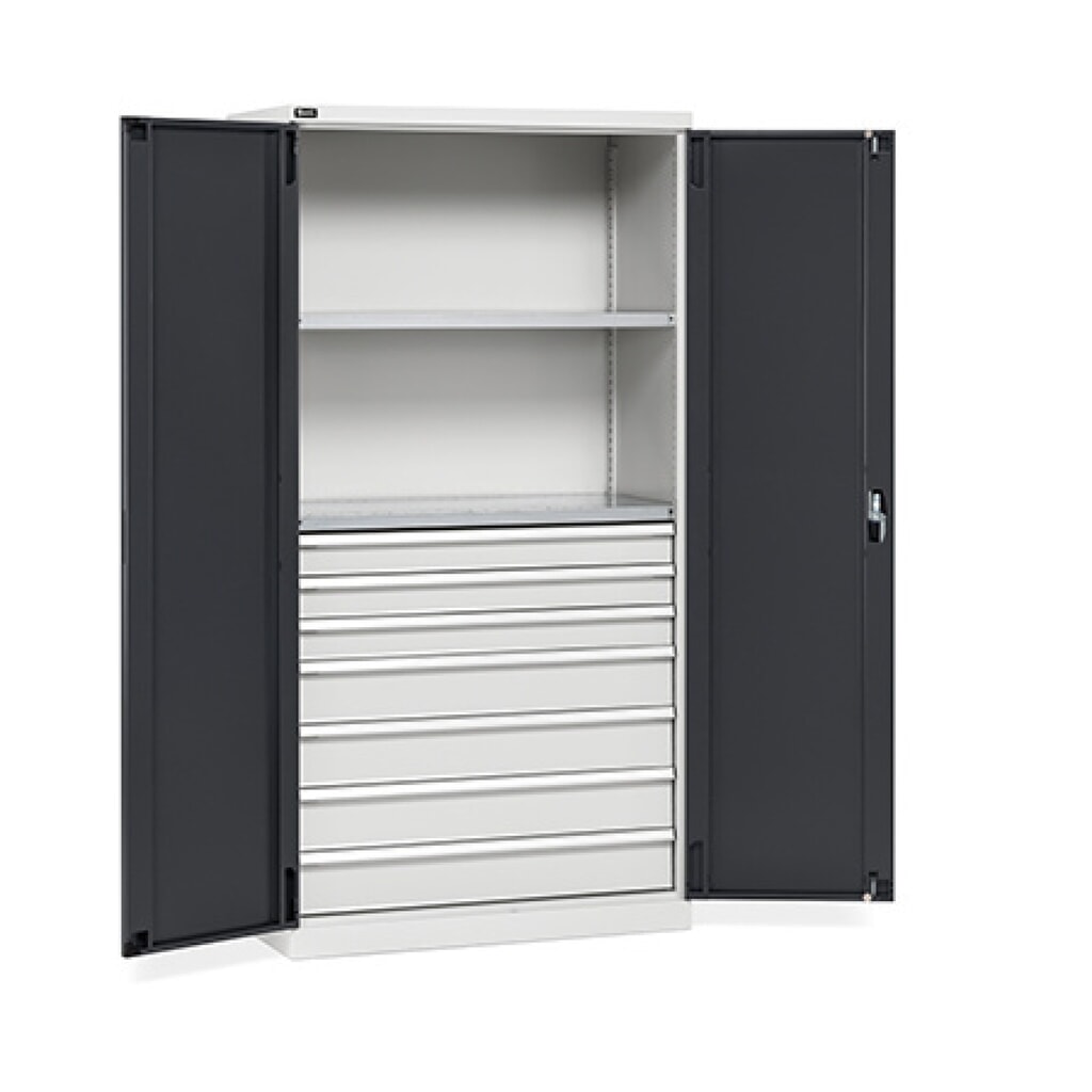 Product afbeelding: Draaideurkast Fami PERFOM, 7 lades, 2 legborden, hxbxd 2.000 x 1.023 x 726 mm, lichtgrijs, antraciet