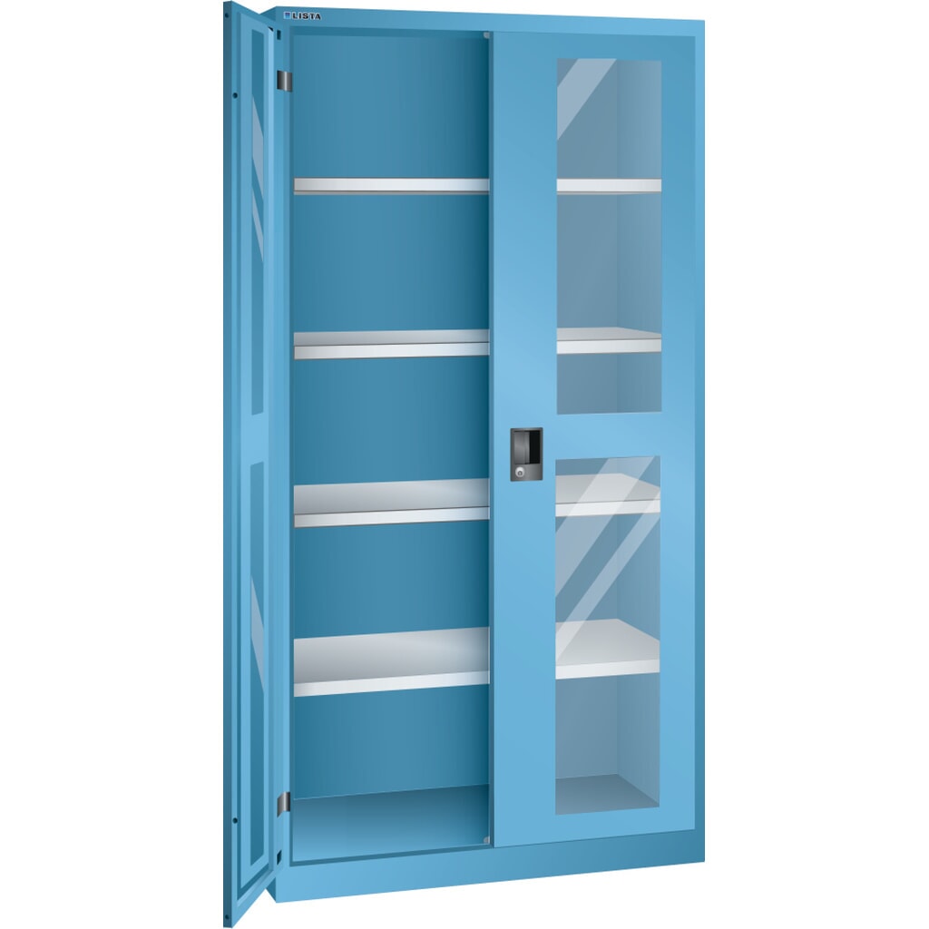 Draaideurkast LISTA met kijkvenster, (bxdxh) 1000x400x1950 mm, 4 verstelbare legborden, lichtblauw, KEY Lock Product afbeelding: Draaideurkast LISTA met kijkvenster, (bxdxh) 1000x400x1950 mm, 4 verstelbare legborden, lichtblauw, KEY Lock