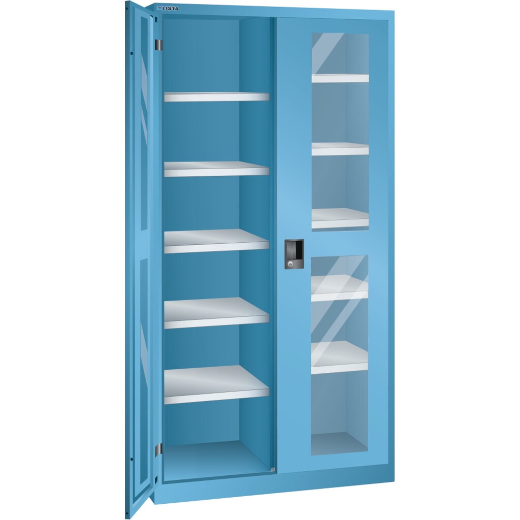 Draaideurkast LISTA met kijkvenster, (bxdxh) 1250x500x1950 mm, 10 verstelbare legborden, lichtblauw, KEY Lock Product afbeelding: Draaideurkast LISTA met kijkvenster, (bxdxh) 1250x500x1950 mm, 10 verstelbare legborden, lichtblauw, KEY Lock