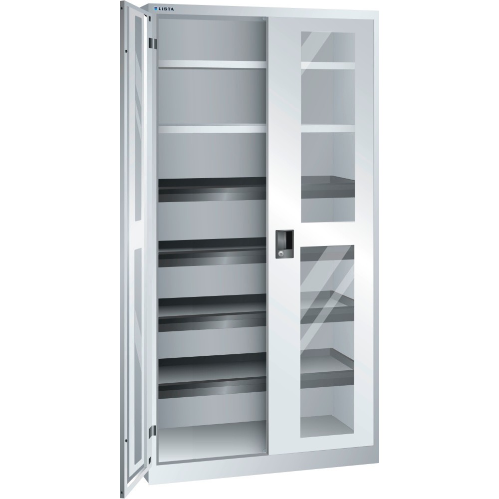 Product afbeelding: Draaideurkast LISTA met kijkvenster, (bxdxh) 1000x580x1950 mm, 4 uittrekbare en 2 verstelbare legborden, lichtgrijs, KEY Lock