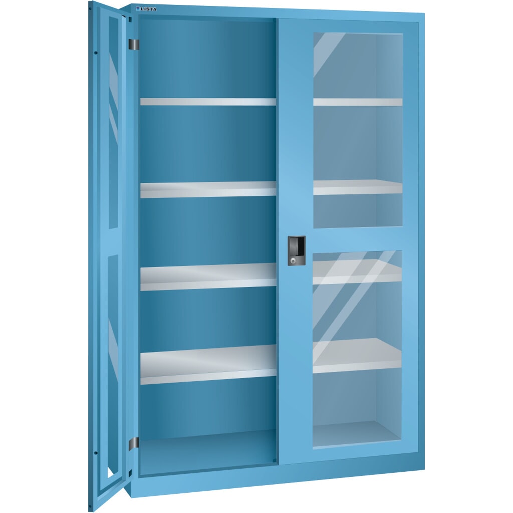 Draaideurkast LISTA met kijkvenster, (bxdxh) 1250x500x1950 mm, 4 verstelbare legborden, lichtblauw, KEY Lock Product afbeelding: Draaideurkast LISTA met kijkvenster, (bxdxh) 1250x500x1950 mm, 4 verstelbare legborden, lichtblauw, KEY Lock
