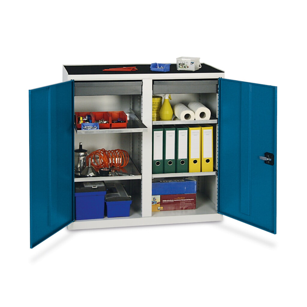 Product afbeelding: Draaideurkast met 2 laden en 4 bakken, hxbxd 1.000 x 1.000 x 500 mm, grijs
