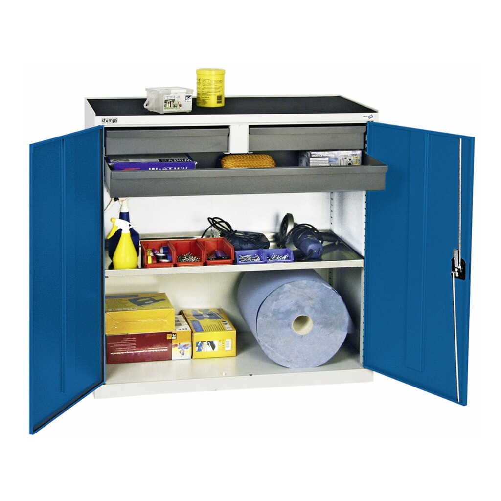 Draaideurkast met 3 laden en 1 bak, hxbxd 1.000 x 1.000 x 500 mm, grijs/blauw Product afbeelding: Draaideurkast met 3 laden en 1 bak, hxbxd 1.000 x 1.000 x 500 mm, grijs/blauw