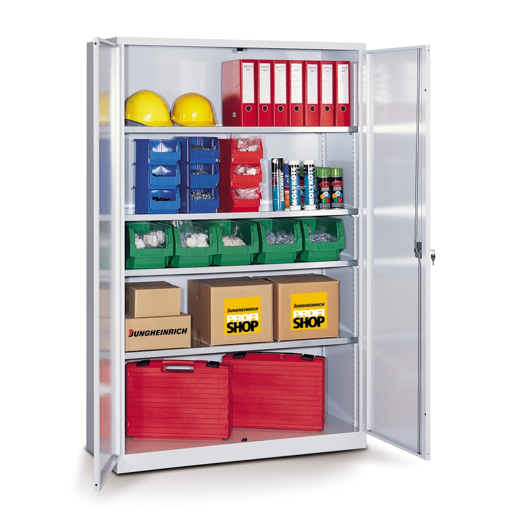 Draaideurkast met 4 verzinkte legborden, hxbxd 1950 x 1250 x 400 mm, lichtgrijs, robijnrood Product afbeelding: Draaideurkast met 4 verzinkte legborden, hxbxd 1950 x 1250 x 400 mm, lichtgrijs, robijnrood