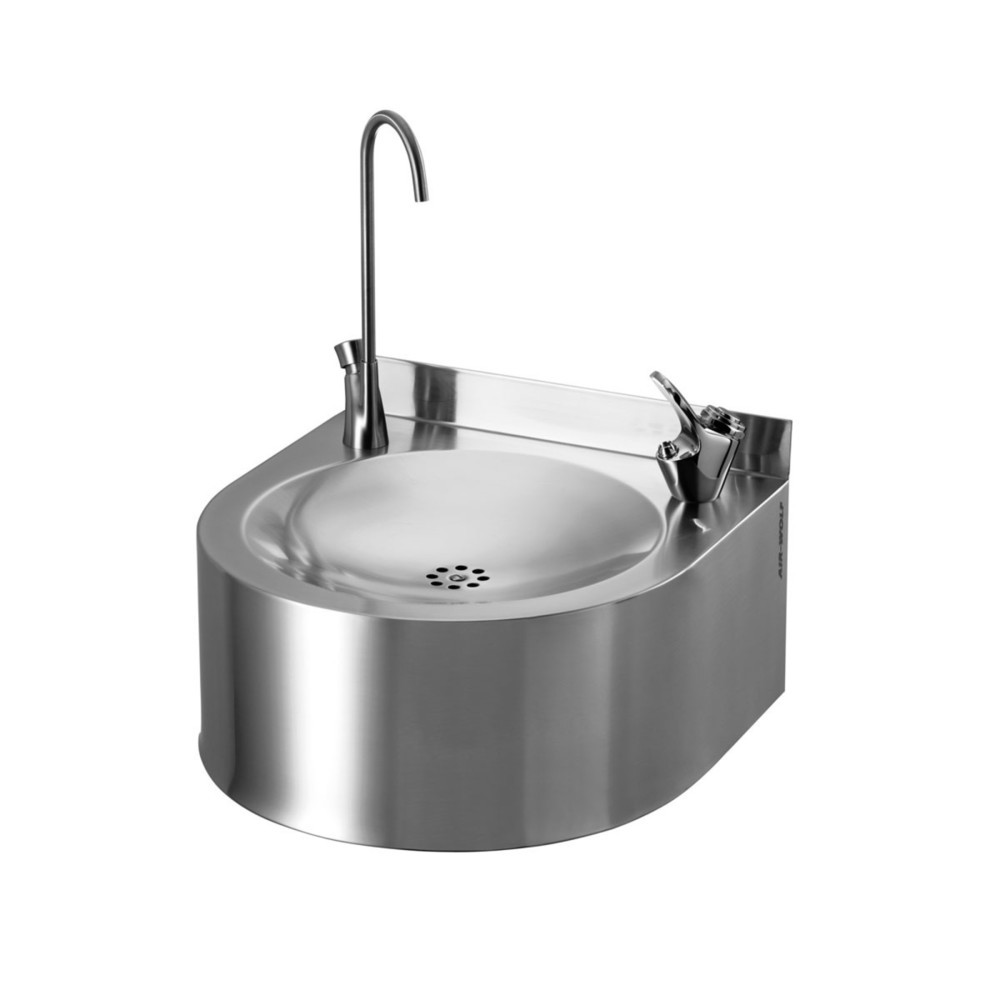 Product afbeelding: Drinkfontein Air-Wolf met drukknop- en flessenvularmatuur, wandbekken van geborsteld roestvrij staal V2A