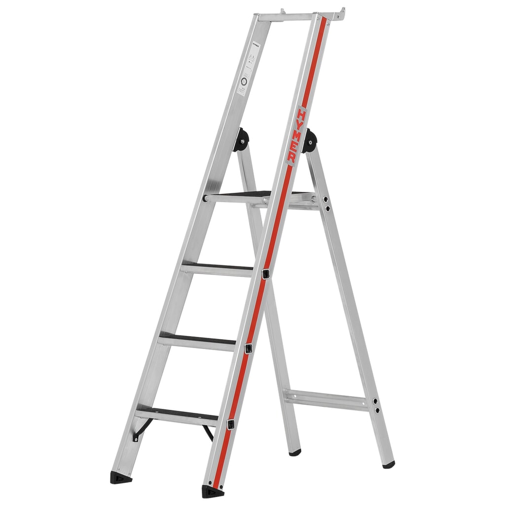 Dubbele trap HYMER, R13 coating, met platform, stahoogte 0,93 m, 4 sporten Productafbeelding nr. 1: Dubbele trap HYMER, R13 coating, met platform, stahoogte 0,93 m, 4 sporten