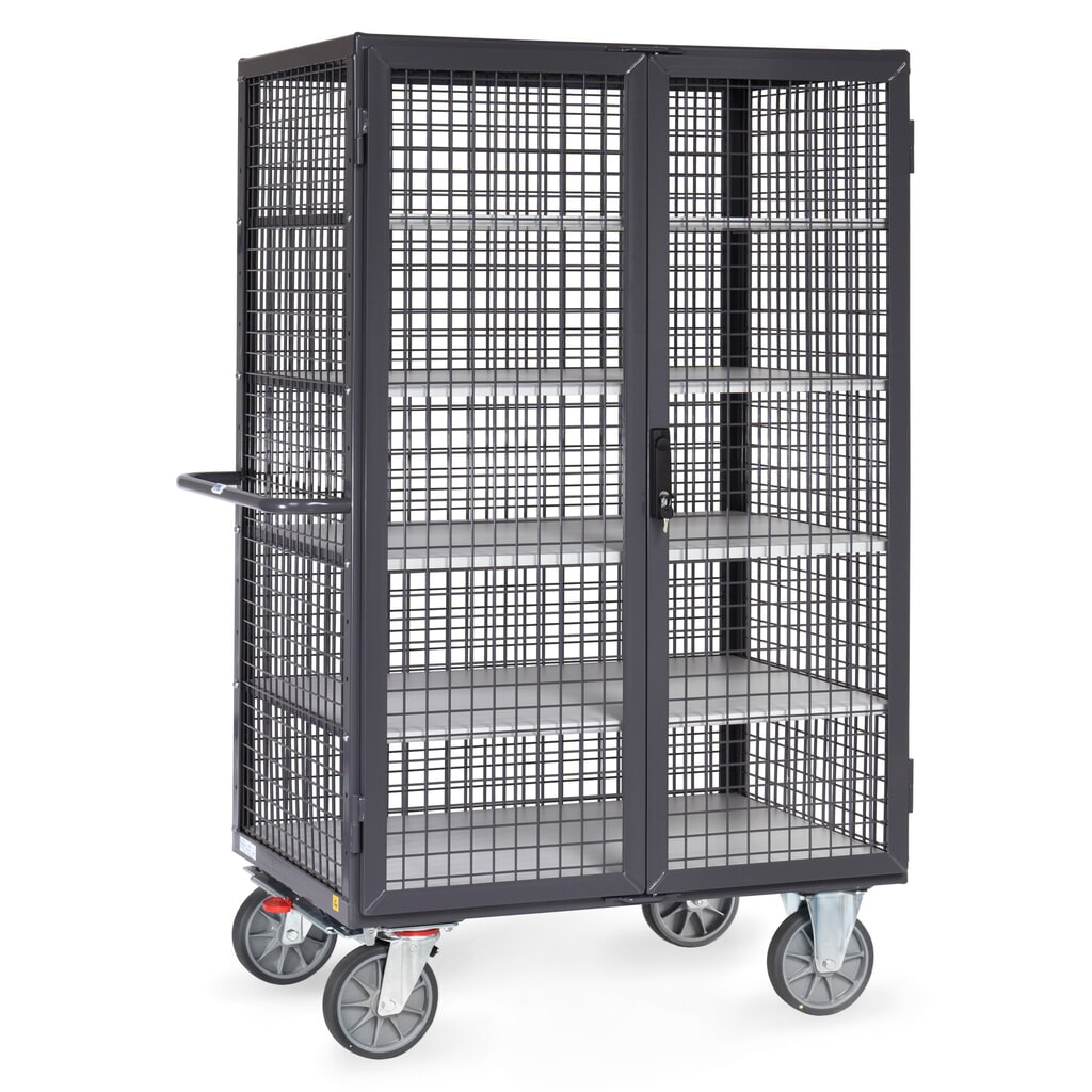 ESD-kastwagen fetra®, draagvermogen 750 kg, gaaswanden, met dubbele draaideur, 5 etages van 1.000 x 680 mm Product afbeelding: ESD-kastwagen fetra®, draagvermogen 750 kg, gaaswanden, met dubbele draaideur, 5 etages van 1.000 x 680 mm