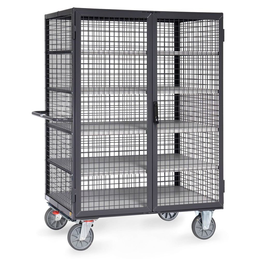 Product afbeelding: ESD-kastwagen fetra®, draagvermogen 750 kg, gaaswanden, met dubbele draaideur, 5 etages van 1.200 x 780 mm
