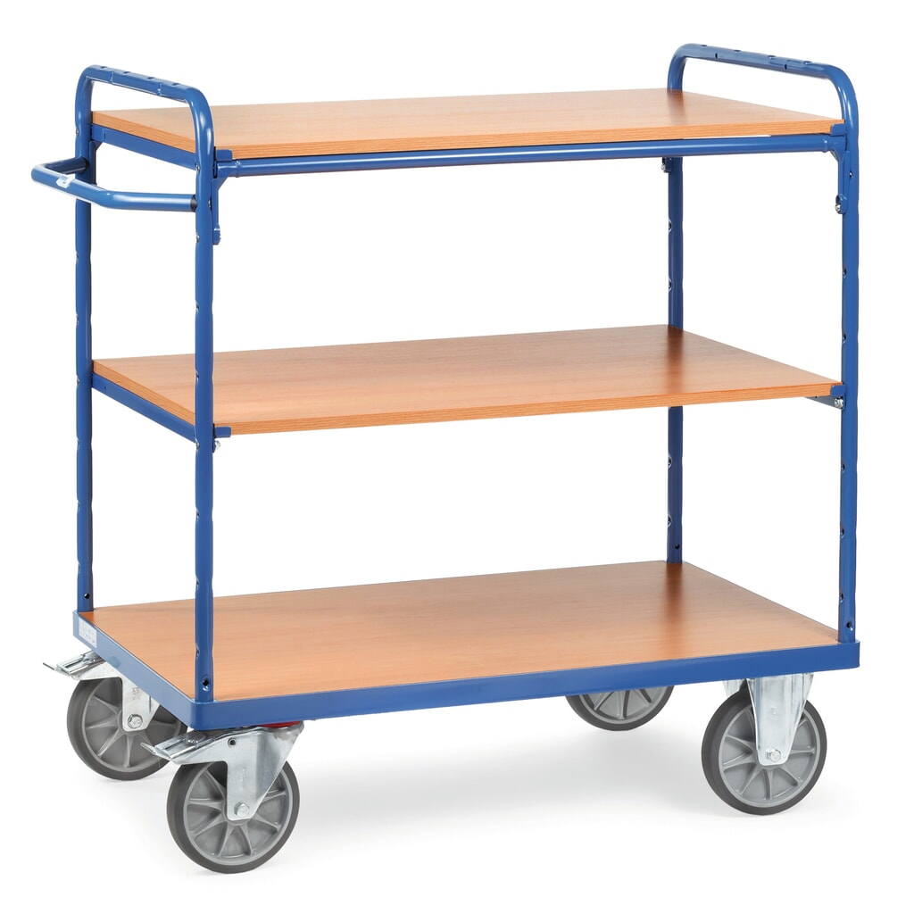 Etagewagen fetra® met houten legborden, 3 etages van 850 x 500 mm, hoogte 1.111 mm Product afbeelding: Etagewagen fetra® met houten legborden, 3 etages van 850 x 500 mm, hoogte 1.111 mm