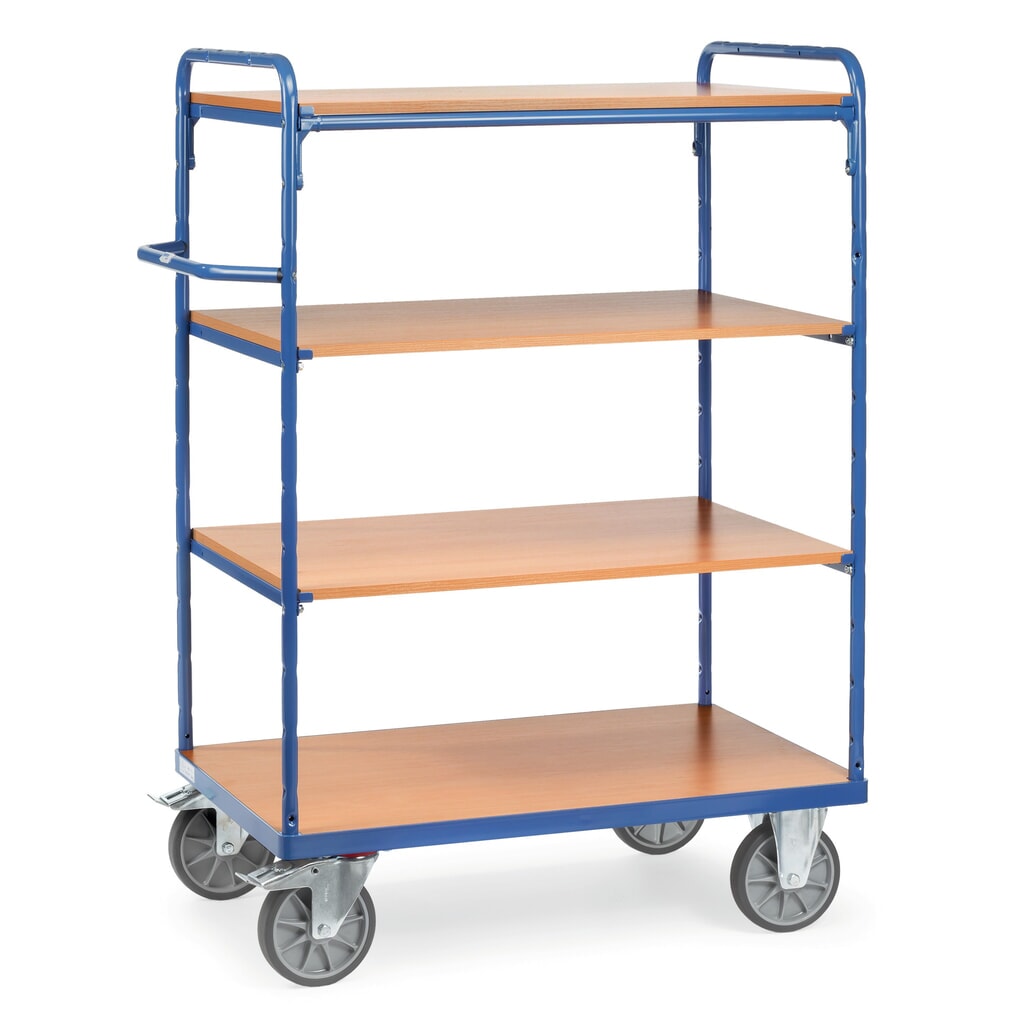 Etagewagen fetra® met houten legborden, 4 etages van 1.000 x 600 mm, hoogte 1.552 mm Product afbeelding: Etagewagen fetra® met houten legborden, 4 etages van 1.000 x 600 mm, hoogte 1.552 mm