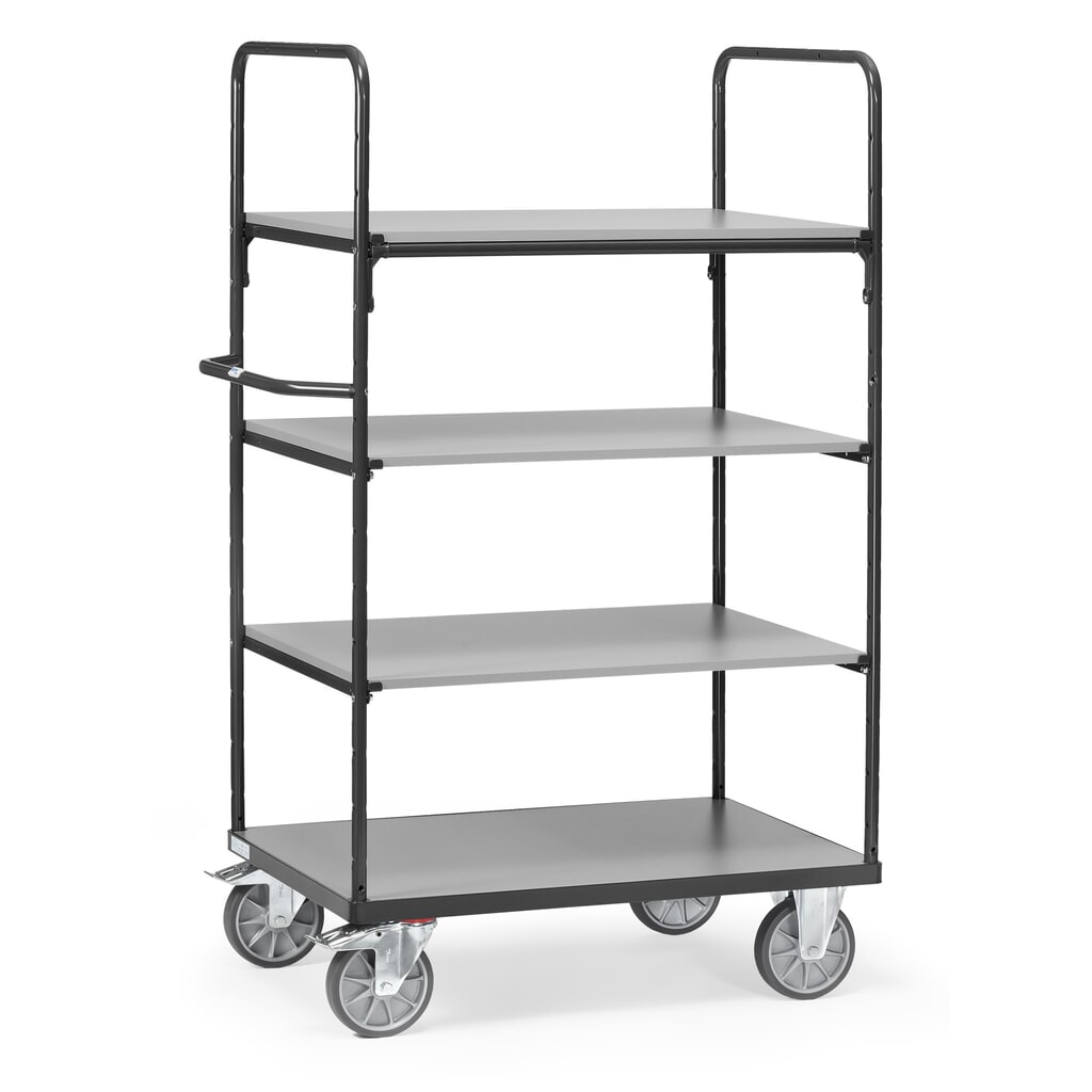 Etagewagen fetra® met houten legborden, 4 etages van 1.000 x 600 mm, hoogte 1.800 mm, antracietgrijs Product afbeelding: Etagewagen fetra® met houten legborden, 4 etages van 1.000 x 600 mm, hoogte 1.800 mm, antracietgrijs