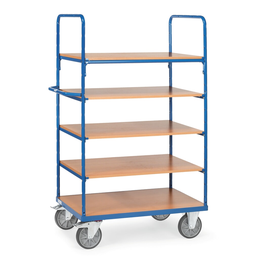 Product afbeelding: Etagewagen fetra® met houten legborden, 5 etages van 1.000 x 600 mm, hoogte 1.800 mm