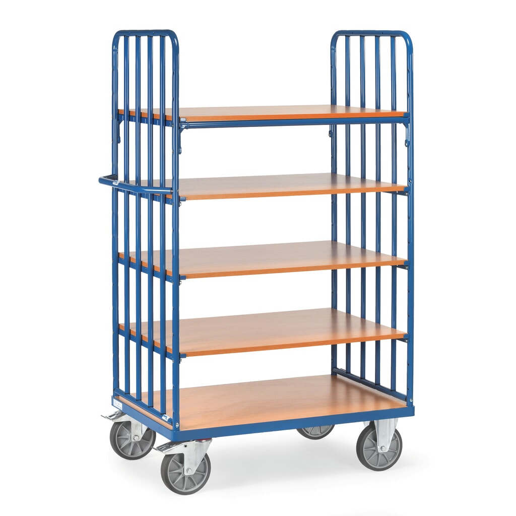 Product afbeelding: Etagewagen fetra® met verticale stijlen, 2 wanden, 5 etages van 1.000 x 600 mm