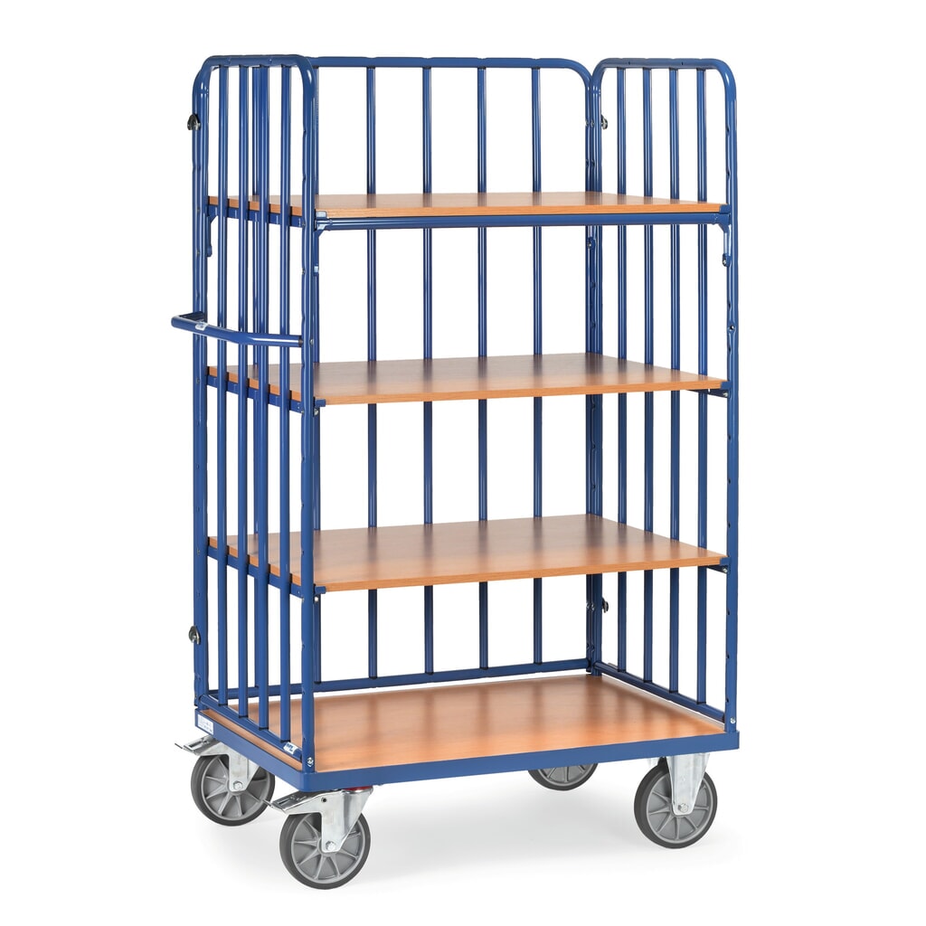 Product afbeelding: Etagewagen fetra® met verticale stijlen, 3 wanden, 4 etages van 1.000 x 600 mm, hoogte 1.800 mm
