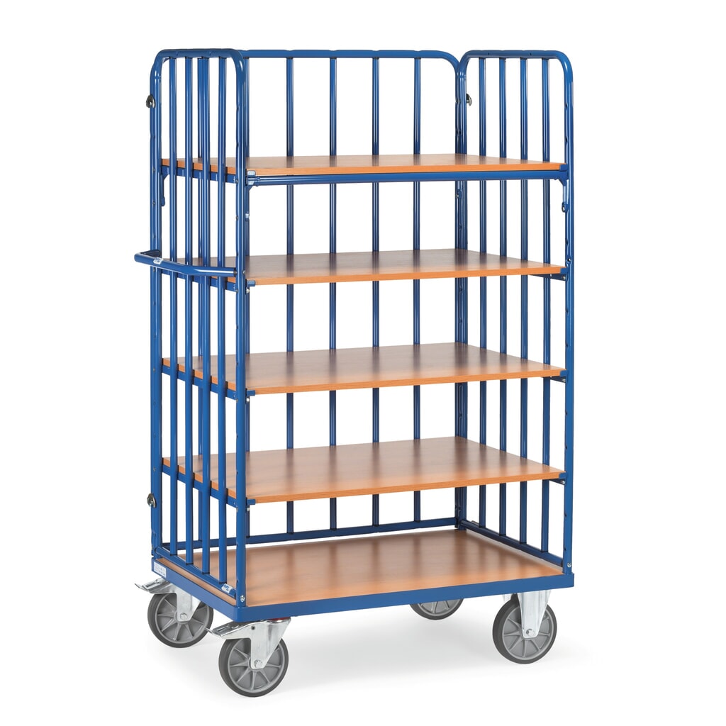 Product afbeelding: Etagewagen fetra® met verticale stijlen, 3 wanden, 5 etages van 1.000 x 700 mm, hoogte 1.800 mm