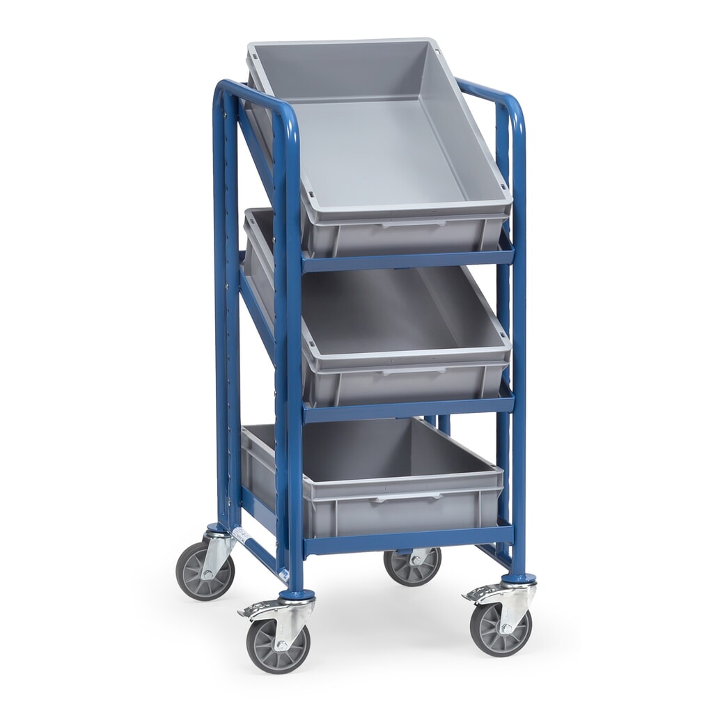Etagewagen fetra® voor eurobakken, met magazijnbakken, draagvermogen 250 kg, 3 etages van 410 x 610 mm Product afbeelding: Etagewagen fetra® voor eurobakken, met magazijnbakken, draagvermogen 250 kg, 3 etages van 410 x 610 mm