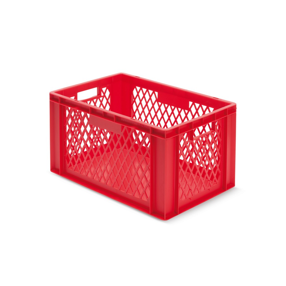 Product afbeelding: Euro-stapelbak, wanden opengewerkt + bodems gesloten, 61 liter, rood, handgrepen