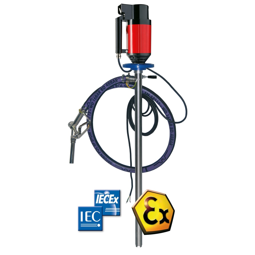 Explosieveilige pompset voor brandbare media, met restledigingsfunctie, voor jerrycans en vaten Product afbeelding: Explosieveilige pompset voor brandbare media, met restledigingsfunctie, voor jerrycans en vaten
