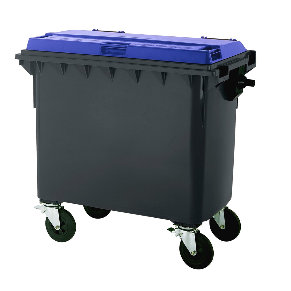 Fahrbare Groß-Mülltonne mit 4 Rollen, Flachdeckel, 660 Liter, schwarzgrau, Deckel blau Product afbeelding: Fahrbare Groß-Mülltonne mit 4 Rollen, Flachdeckel, 660 Liter, schwarzgrau, Deckel blau