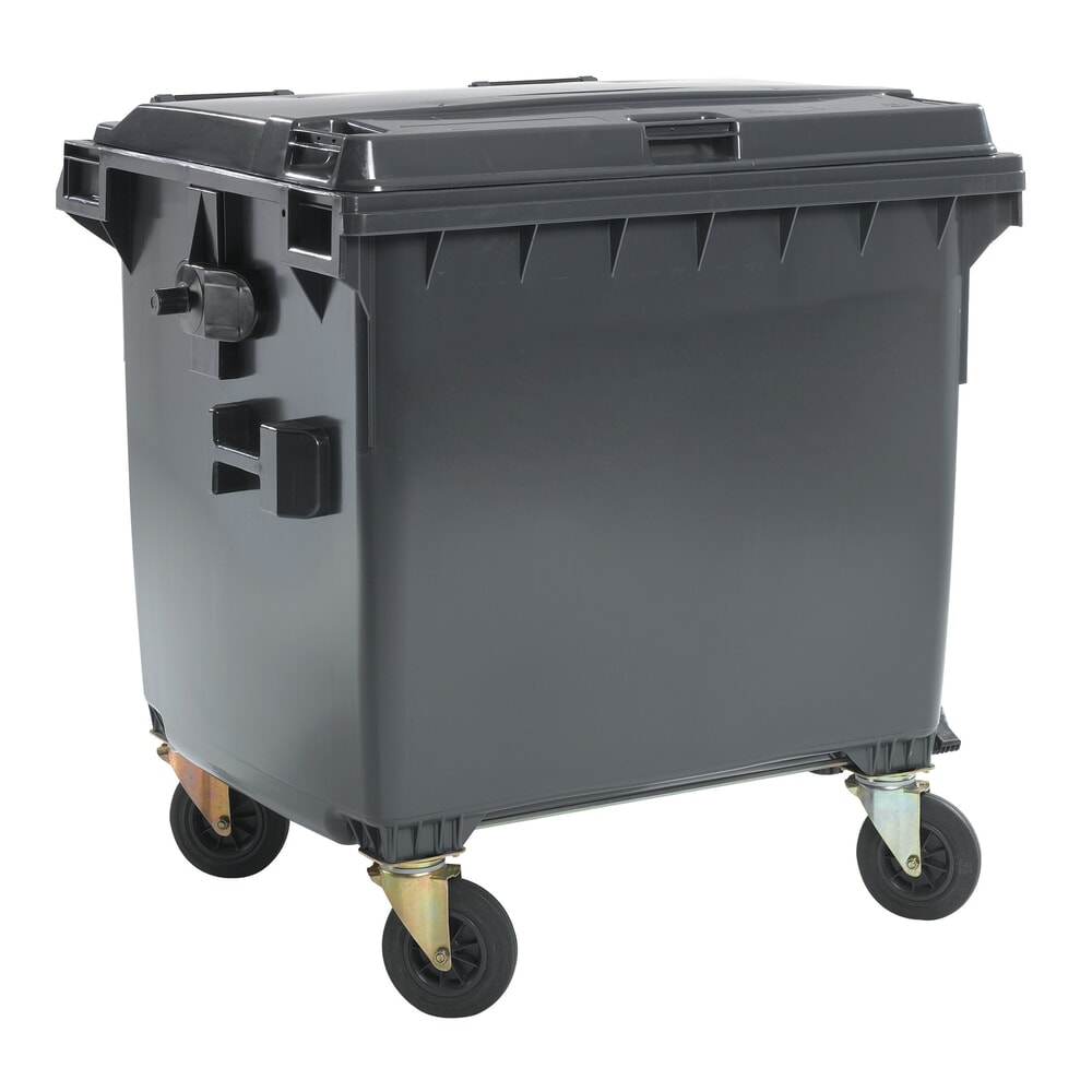 Product afbeelding: Mobiele grote vuilnisbak met 4 wielen, vlak deksel, 1.100 liter, zwartgrijs, deksel zwartgrijs