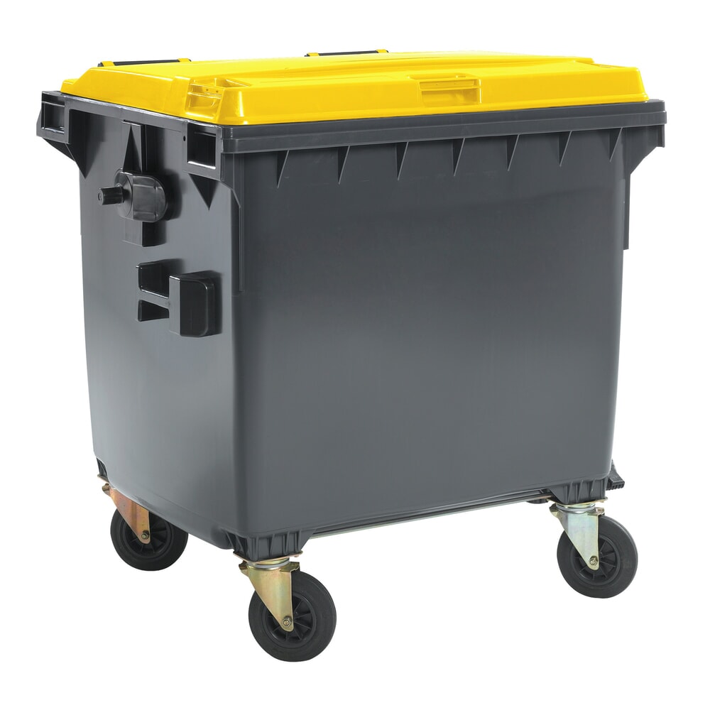 Product afbeelding: Mobiele grote vuilnisbak met 4 wielen, vlak deksel, 1.100 liter, zwartgrijs, deksel geel