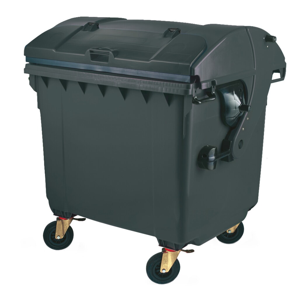 Mobiele grote vuilnisbak met 4 wielen, rond deksel met klep, 1.100 liter, zwartgrijs, klep zwartgrijs Product afbeelding: Mobiele grote vuilnisbak met 4 wielen, rond deksel met klep, 1.100 liter, zwartgrijs, klep zwartgrijs