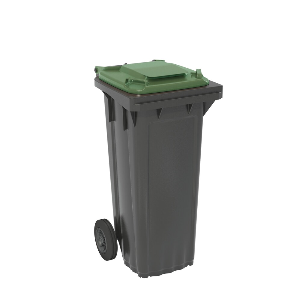 Mobiele vuilnisbak van HDPE, 2 wielen, 80 liter, zwartgrijs, deksel groen Product afbeelding: Mobiele vuilnisbak van HDPE, 2 wielen, 80 liter, zwartgrijs, deksel groen