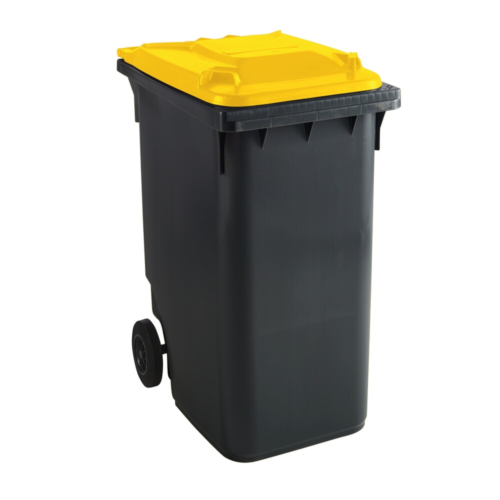 Product afbeelding: Mobiele afvalbak GMT eXtra van HDPE volgens DIN EN 840, 360 liter, zwartgrijs, deksel geel