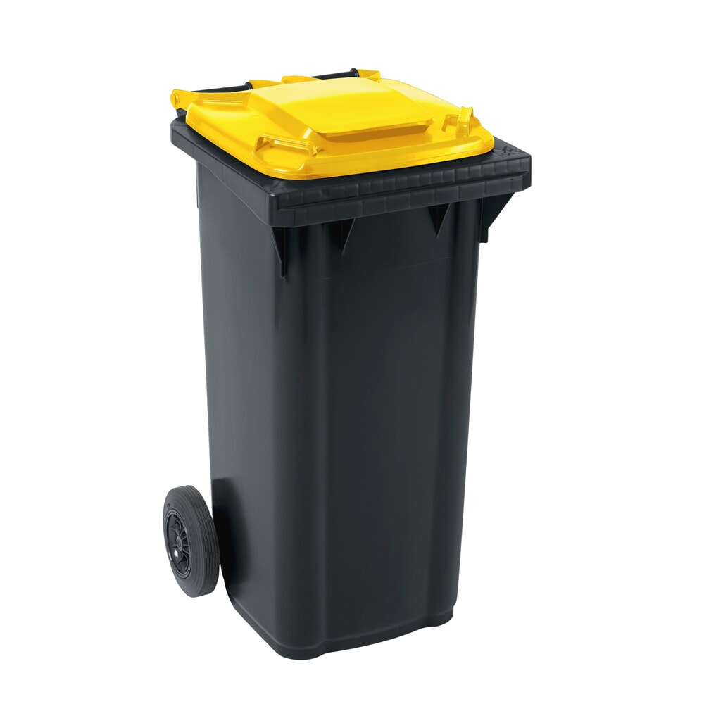Fahrbare Mülltonne GMT eXtra aus HDPE nach DIN EN 840, 120 Liter, schwarzgrau, Deckel gelb Product afbeelding: Fahrbare Mülltonne GMT eXtra aus HDPE nach DIN EN 840, 120 Liter, schwarzgrau, Deckel gelb