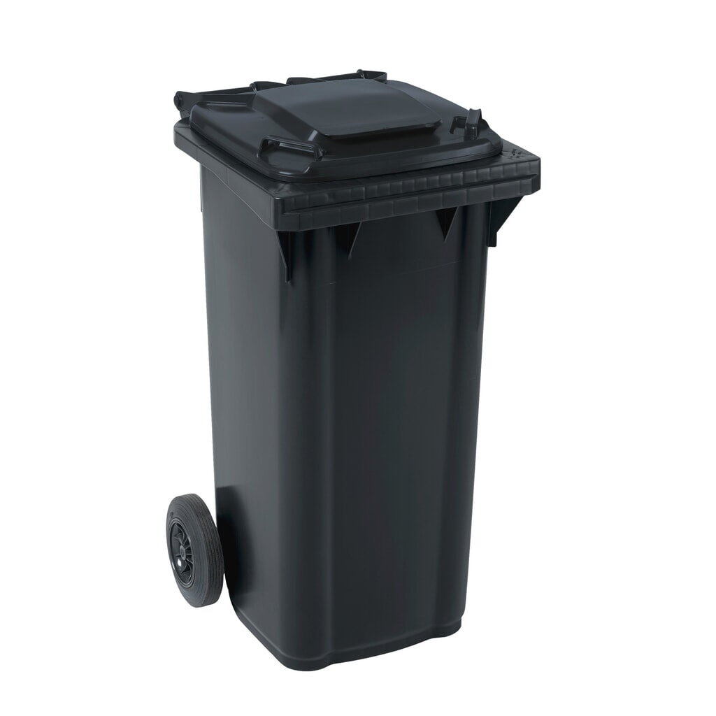 Mobiele afvalbak GMT eXtra van HDPE volgens DIN EN 840, 120 liter, zwartgrijs, deksel zwartgrijs Product afbeelding: Mobiele afvalbak GMT eXtra van HDPE volgens DIN EN 840, 120 liter, zwartgrijs, deksel zwartgrijs