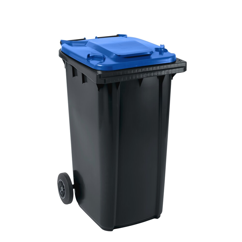 Product afbeelding: Mobiele afvalbak GMT eXtra van HDPE volgens DIN EN 840, 240 liter, zwartgrijs, deksel gentiaanblauw