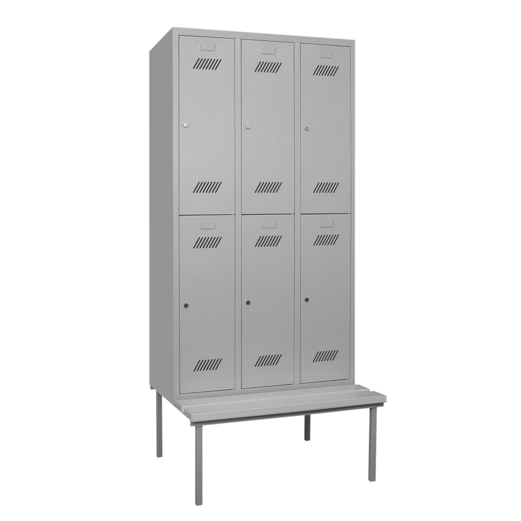Garderobekast met zitbank PAVOY, 2 etages, 3 x 2 vakken van 300 mm, cilinderslot, lichtgrijs, lichtgrijs Productafbeelding nr. 1: Garderobekast met zitbank PAVOY, 2 etages, 3 x 2 vakken van 300 mm, cilinderslot, lichtgrijs, lichtgrijs