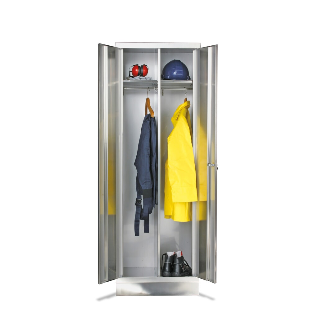 Product afbeelding: Garderobekast van roestvrij staal met 2 kleerhangerstangen, hxbxd 1.800 x 600 x 500 mm, met sokkel