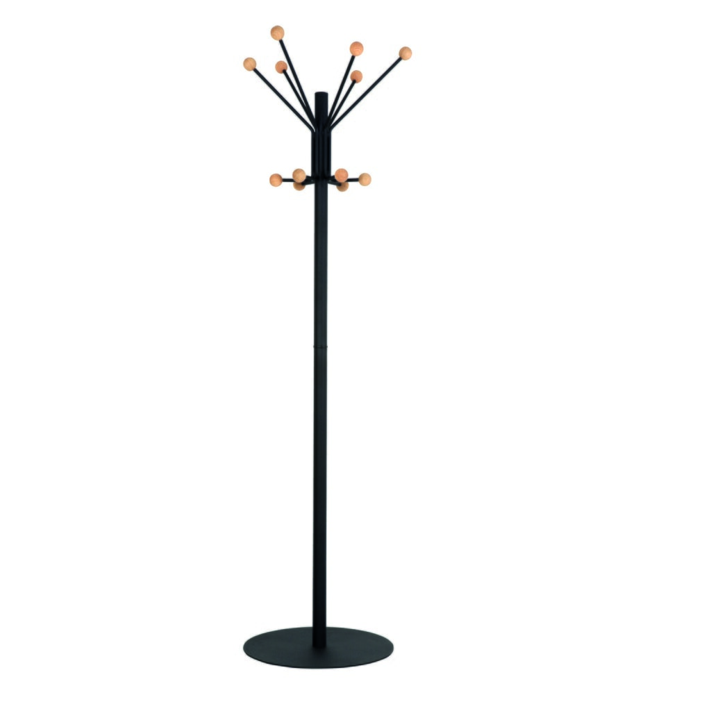 Garderobestandaard Giant, vrijstaand, 12 haken met houten knop, zwart Product afbeelding: Garderobestandaard Giant, vrijstaand, 12 haken met houten knop, zwart