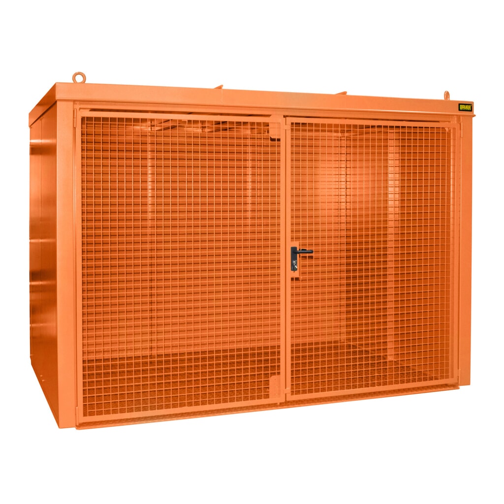 Gasflescontainer voor max. 96 flessen, brandbestendig, geeloranje Product afbeelding: Gasflescontainer voor max. 96 flessen, brandbestendig, geeloranje