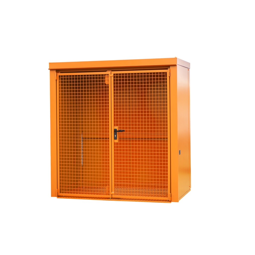 Gascilindercontainer met dak voor max. 28 flessen, brandwerend, geeloranje Product afbeelding: Gascilindercontainer met dak voor max. 28 flessen, brandwerend, geeloranje