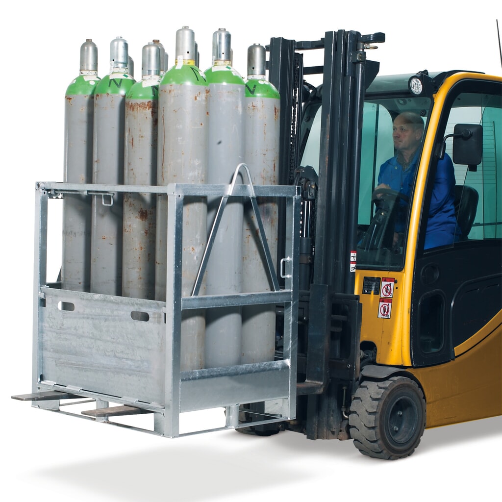 Stalen gasflessenpallet, voor max. 12 gasflessen van max. Ø 230 mm Product afbeelding: Stalen gasflessenpallet, voor max. 12 gasflessen van max. Ø 230 mm